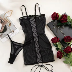 Rochie sexy de noapte din dantela fina elastica cu snur reglabil la spate, negru #BB4624 - Img 4