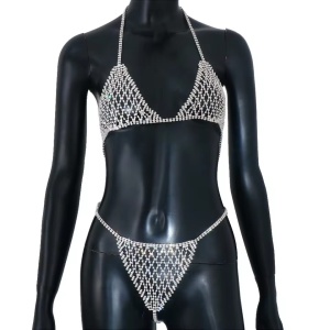 Set body chain sutien si slip cu cristale transparente si lanturi, argintiu #BB4627 - Img 7