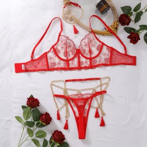 Set lenjerie intima sexy brodata, cu insertii de tul si lanturi decorative, rosu/ nude, 4 piese #BB4119 - Img 11
