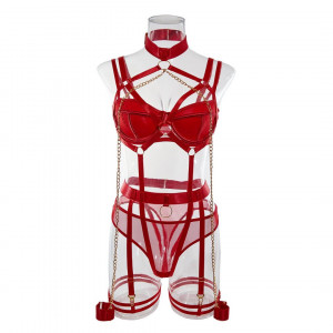 Set lenjerie intima sexy cu benzi elastice, lant decorativ si catuse, rosu, 4 piese #BB4400 - Img 12