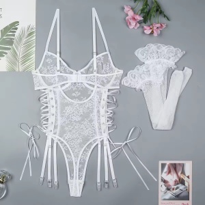 Set lenjerie intima sexy din dantela, body cu snururi laterale si ciorapi plasa inalti, alb, 2 piese #BB4300 - Img 9