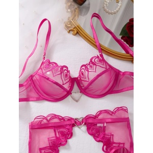 Set lenjerie intima sexy din dantela brodata, cu inimioare decorative, roz fucsia, 4 piese #BB4602 - Img 11