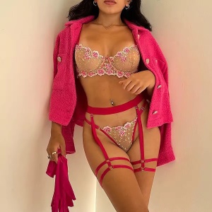 Set lenjerie intima sexy din dantela brodata cu manusi, roz neon, 4 piese #BB4761 - Img 8