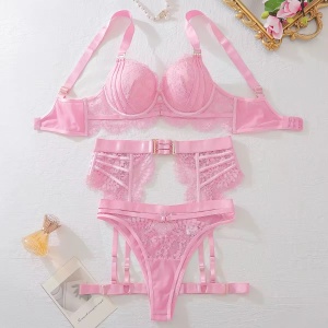 Set lenjerie intima sexy din dantela brodata, roz, 4 piese #BB4763 - Img 2