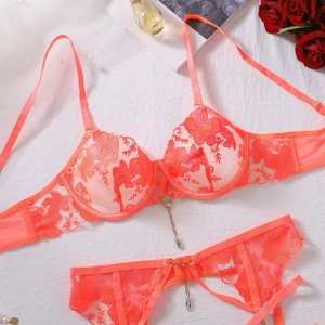 Set lenjerie intima sexy din dantela brodata si elemente metalice decorative, portocaliu corai, 3 piese #BB4122 - Img 14