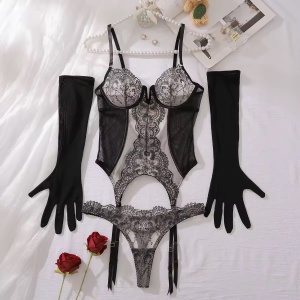 Set lenjerie intima sexy din dantelă cu broderie și mănuși lungi , negru, 3 piese #BB4751 - Img 9