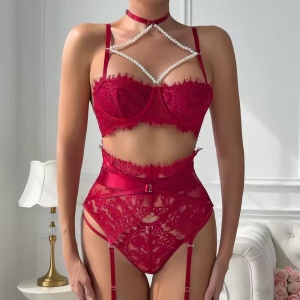 Set lenjerie intima sexy din dantelă cu perle decorative la sutien, vișiniu, 3 piese #BB4734 - Img 5