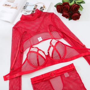 Set lenjerie intima sexy din dantela elastica tip plasa, rosu, 5 piese #BB4661 - Img 16