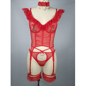Set lenjerie intima sexy din dantela fina elastica cu elemente metalice decorative, rosu, 4 piese #BB4587 - Img 10