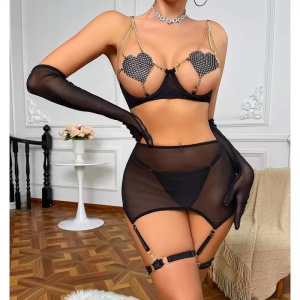 Set lenjerie intima sexy din dantela si strasuri, cu lmanusi lungi, negru, 5 piese #BB4764 - Img 3