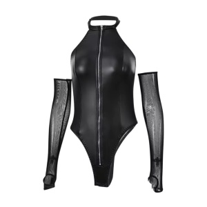 Set lenjerie intima sexy din piele ecologica, body cu fermoar si manusi lungi, negru, 2 piese #BB4266 - Img 7