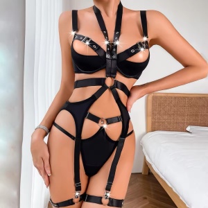 Set lenjerie intima sexy elastica cu decupaje la slip si sutien, catarame decorative, negru, 4 piese #BB4480 - Img 6