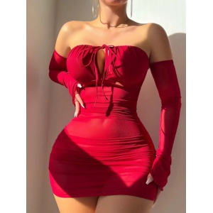 Set lenjerie intima sexy elastica, cu rochie, maneci lungi si chilot, rosu visiniu, 3 piese #BB4539 - Img 3