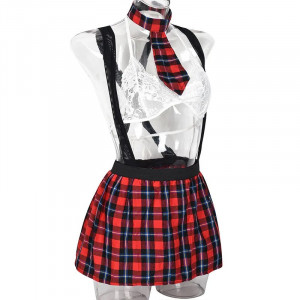 Set lenjerie intima sexy tematica scolarita cu fusta in carouri si sutien din dantela, alb/rosu, 4 piese #BB4439 - Img 13