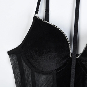 Set lenjerie sexy din catifea si tul, corset cu burete si cristale, negru, 4 piese #BB4188 - Img 8