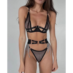  Set lenjerie sexy din dantela plasa, lanturi decorative, negru, 3 piese #BB4165 - Img 2