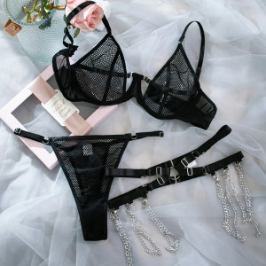  Set lenjerie sexy din dantela plasa, lanturi decorative, negru, 3 piese #BB4165 - Img 12