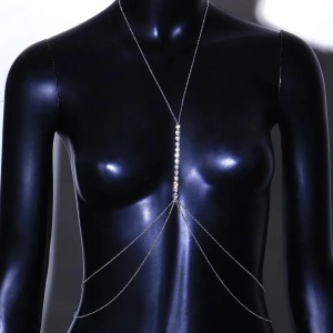 Body chain pentru bust cu cristale transparente si lantisor, argintiu #BB4239 - Img 2