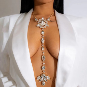 Body chain pentru bust din cristale transparente si lanturi argintii #BB4162 - Img 5