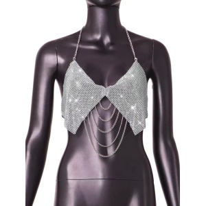 Body chain tip bustiera cu lanturi si cristale, argintiu #BB4432 - Img 11