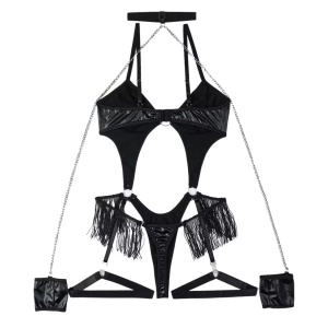 Body sexy din piele ecologica cu accesoriu maini tip catuse, negru, 3 piese #BB4678 - Img 13