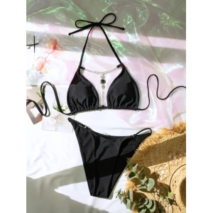 Costum de baie 2 piese, accesoriu metalic cu cristale la sutien, negru #BB2498 - Img 6