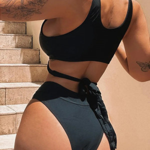 Costum de baie 2 piese cu catarame metalice aurii la slip si sutien, negru #BB2227 - Img 2