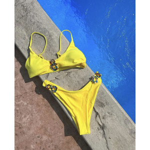 Costum de baie 2 piese cu cristale decorative multicolore la slip si sutien, galben #BB2506 - Img 10