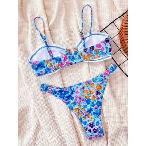 Costum de baie 2 piese cu imprimeu floral, sutien cu catarama metalica si bretele detasabile, albastru #BB2495 - Img 2
