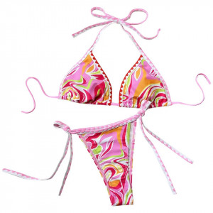 Costum de baie 2 piese cu imprimeu multicolor si slip reglabil, roz #BB2448 - Img 7