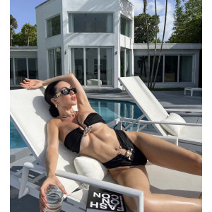 Costum de baie 2 piese cu talie inalta si catarama metalice aurii la slip si sutien, negru #BB2548 - Img 8