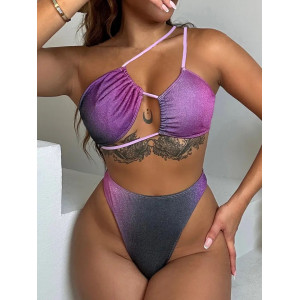 Costum de baie 2 piese in degrade cu sclipici, sutien cu burete detasabil, slip normal, mov #BB2010 - Img 1