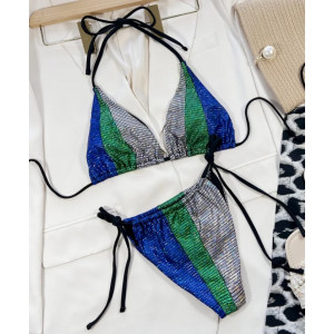 Costum de baie 2 piese metalizat in 3 culori, slip reglabil, argintiu/ verde/ albastru #BB2370 - Img 2