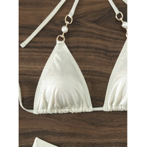 Costum de baie 2 piese sidefat cu elemente metalice si perle decorative, auriu/ nude #BB2549 - Img 10