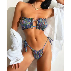 Costum de baie 2 piese sidefat, sutien fara bretele si slip reglabil, mov/ multicolor #BB2174 - Img 3