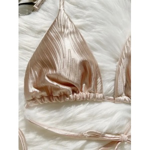 Costum de baie 2 piese sidefat texturat, slip cu snur reglabil, bej/nude #BB2531 - Img 4