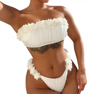 Costum de baie 2 piese texturat cu bustiera si flori decorative aplicate, alb #BB2062 - Img 3