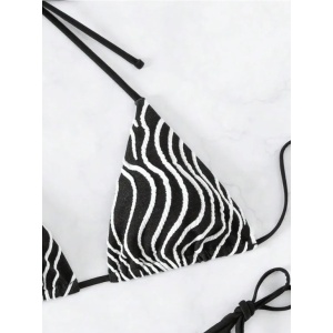 Costum de baie 2 piese texturat cu dungi albe decorative si slip reglabil, negru #BB2193 - Img 7