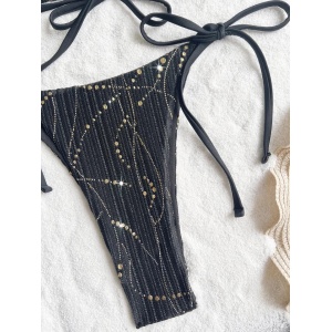 Costum de baie 2 piese texturat cu insertii aurii si slip reglabil, negru #BB2063 - Img 5