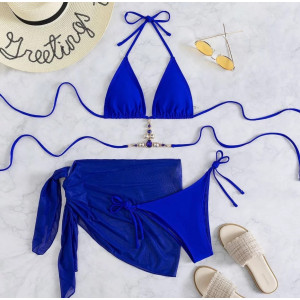 Costum de baie 3 piese cu esarfa si cristale decorative la sutien, albastru #BB2041 - Img 3