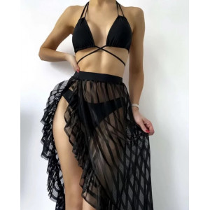  Costum de baie 3 piese cu fista lunga crapata pe picior, negru #BB2022 - Img 7