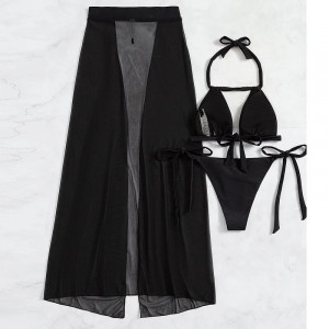 Costum de baie 3 piese cu fusta lunga din voal, elemente metalice decorative, negru #BB2185 - Img 4