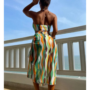 Costum de baie 3 piese cu fusta midi, sutien cu prindere dupa gat, multicolor #BB2321 - Img 2