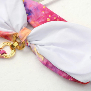 Costum de baie 3 piese cu fusta, snururi reglabile, sutien decorat cu cercuri metalice, roz/multicolor #BB2137 - Img 16