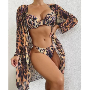Costum de baie 3 piese cu halat, cupe buretate, slip reglabil, animal print, negru/ maro #BB2400 - Img 8