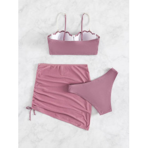 Costum de baie 3 piese cu push-up, fusta ecurta cu snur reglabil, sutien cu perle decorative, roz #BB2557 - Img 3