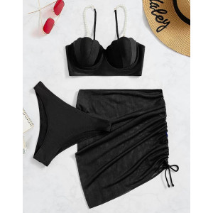 Costum de baie 3 piese cu push-up, fusta scurta cu snur reglabil, sutien cu perle decorative, negru #BB2001 - Img 4