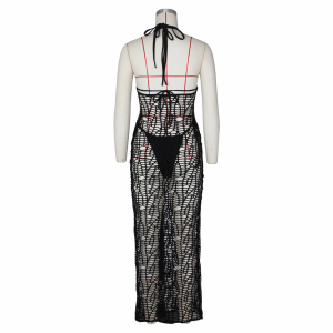 Costum de baie 3 piese cu rochie lunga crosetata, cu spatele gol, slip tanga, negru #BB2013 - Img 8
