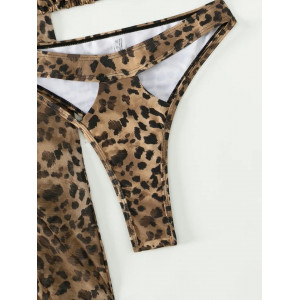 Costum de baie 3 piese cu rochie pe un umar, slip tanga, imprimeu leopard, negru/ maro #BB2300 - Img 7