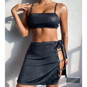 Costum de baie 3 piese metalizat, fusta cu decupaj lateral, sutien tip bustiera, negru #BB2371 - Img 1
